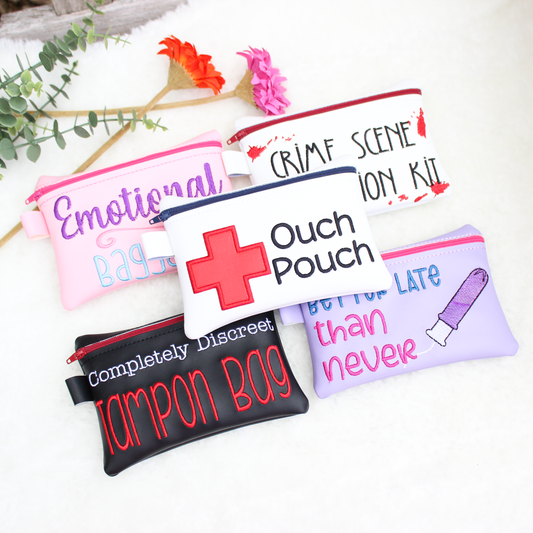 Four pouches with humorous and descriptive period related quotes on a white background.