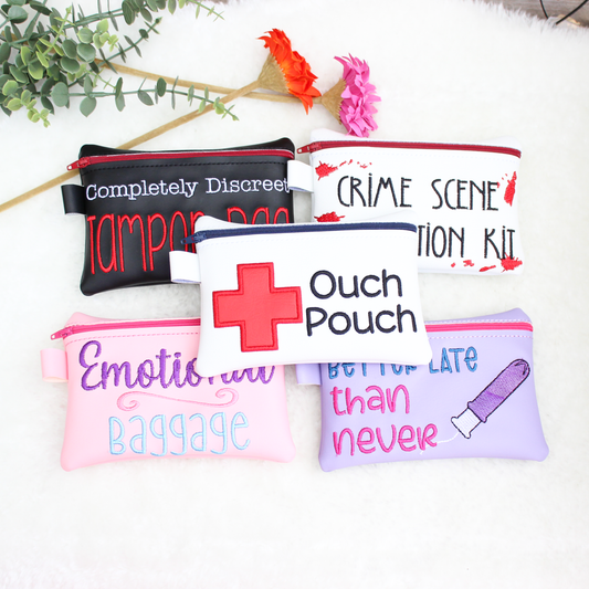 Set of humorous pouches with various sayings on a white background