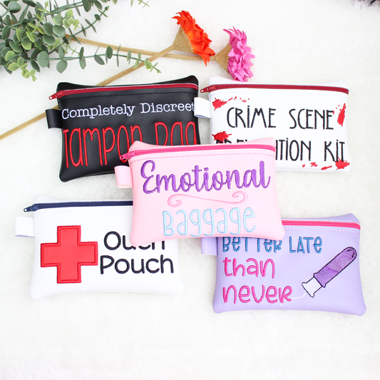 Four pouches with humorous and expressive text designs on a white background.