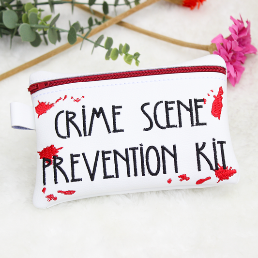 White period pouch pouch with 'Crime Scene Prevention Kit' text on a light background