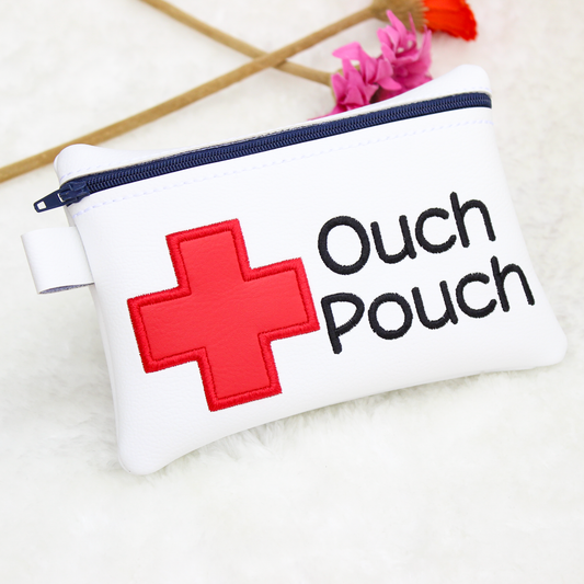 White pouch with red cross and 'Ouch Pouch' text on a light background